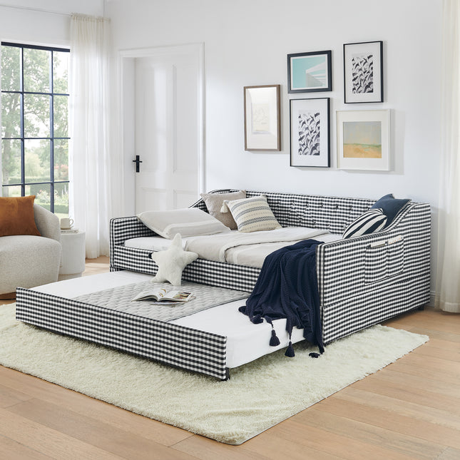 Full‑Size Daybed,Upholstered Convertible Daybed with Tufted Button Backrest, 3‑in‑1 Versatile Sofa Bed with Pull‑Out Trundle & Side Storage, Perfect for Compact Living-Black