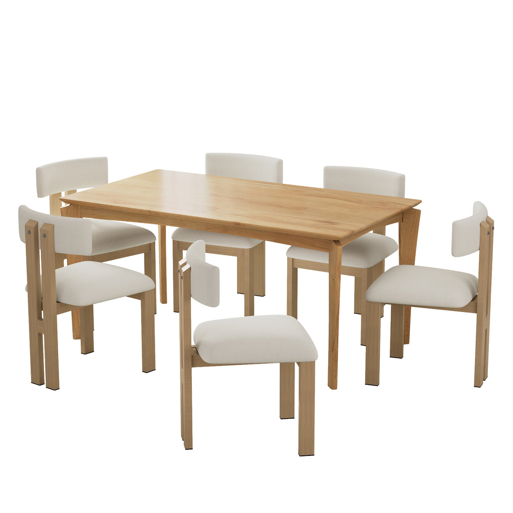 Mid-Century 7-Piece Dining Set with Upholstered Armless Chairs and Natural Wood Table