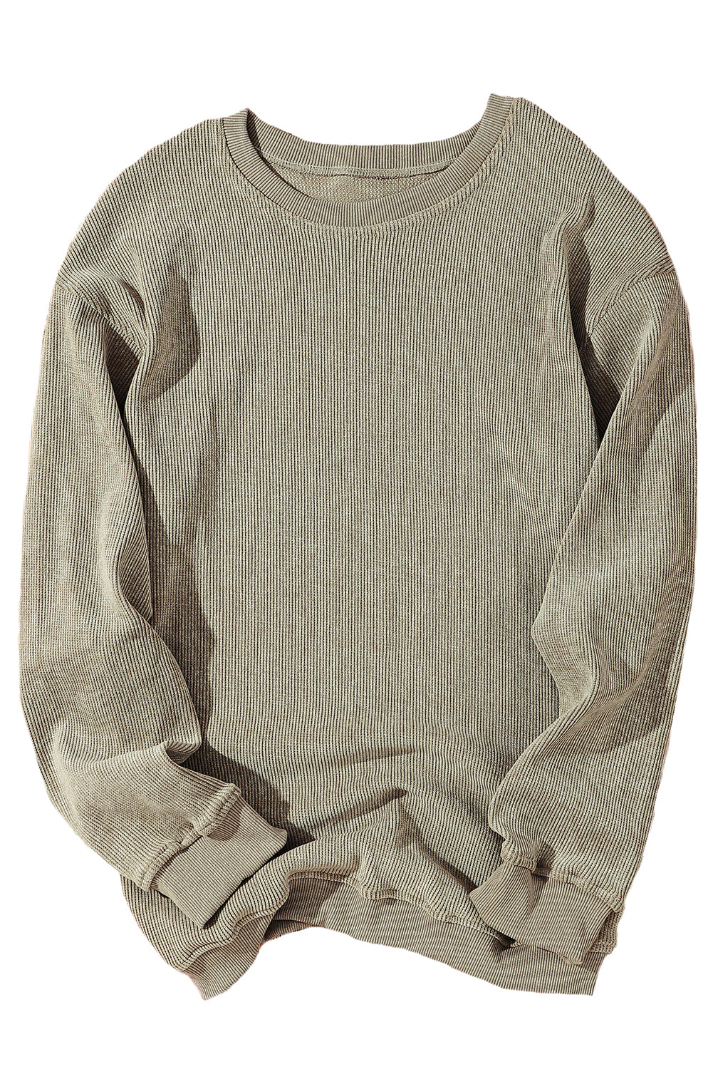 Khaki Solid Ribbed Round Neck Pullover Sweatshirt - Eloy Royal