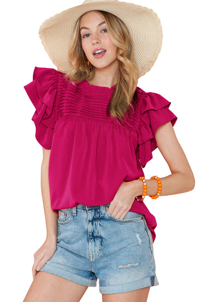 Grapefruit Orange Ruched Frilled Neck Ruffle Blouse - Eloy Royal