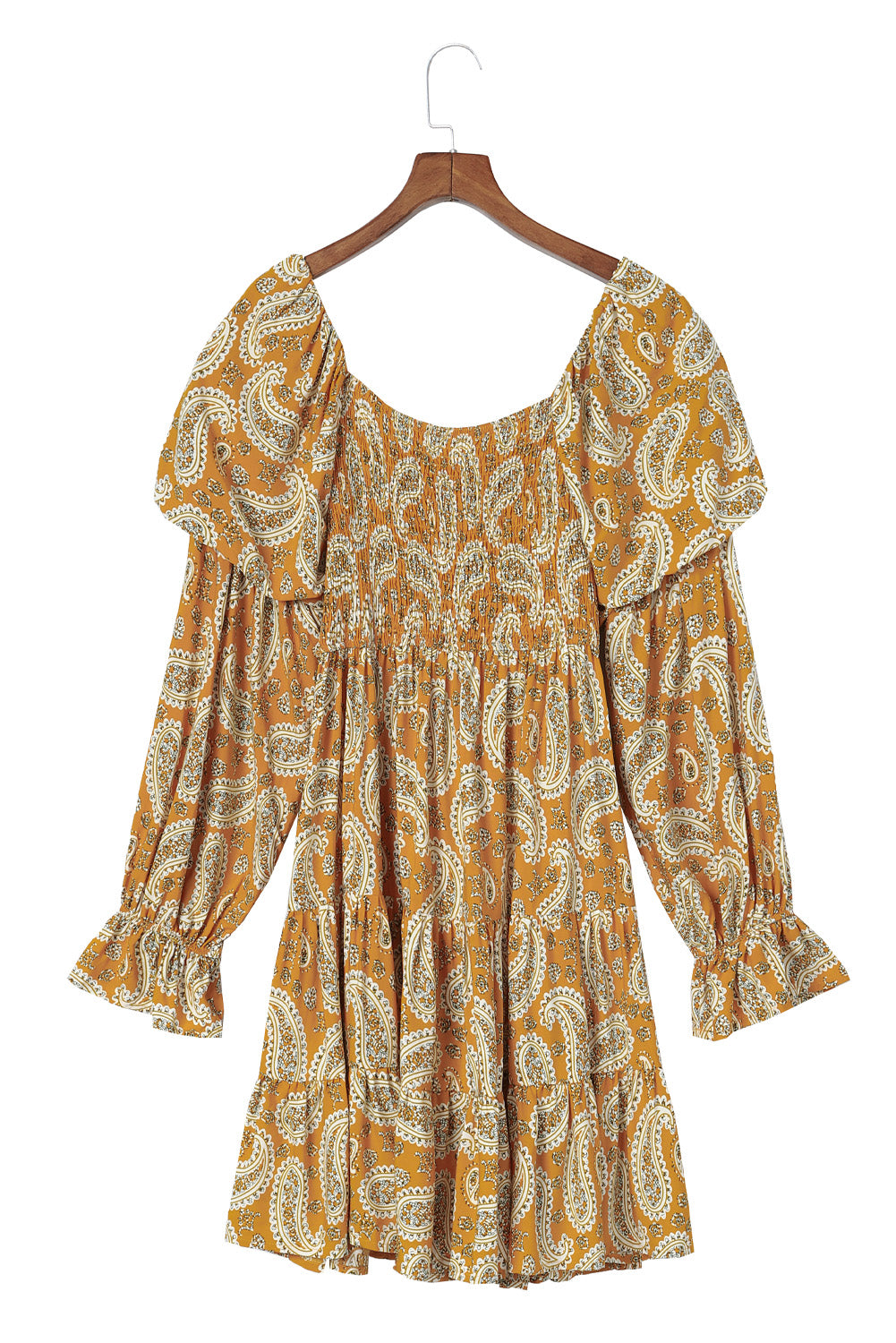 Yellow Boho Paisley Floral Print Long Sleeve Short Dress - Eloy Royal