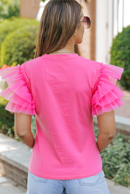 Pink Plain Round Neck Tulle Ruffle Sleeve Blouse - Eloy Royal