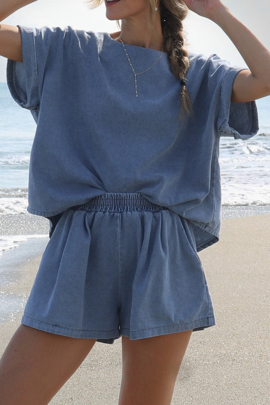 Light Blue Denim Loose Fit Tee and Shorts Set - Eloy Royal