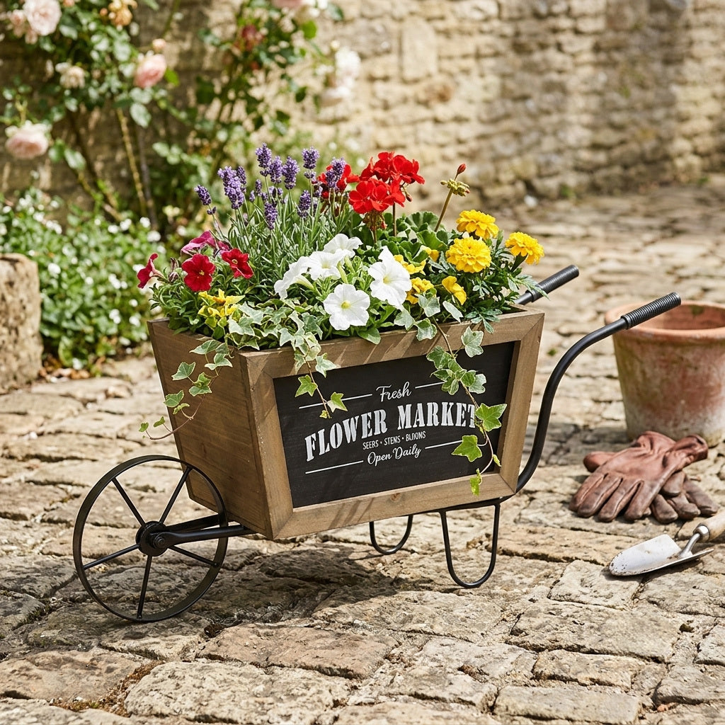19.5x8x8.3' Brown Wooden Wheelbarrow Planter with Black Iron Frame