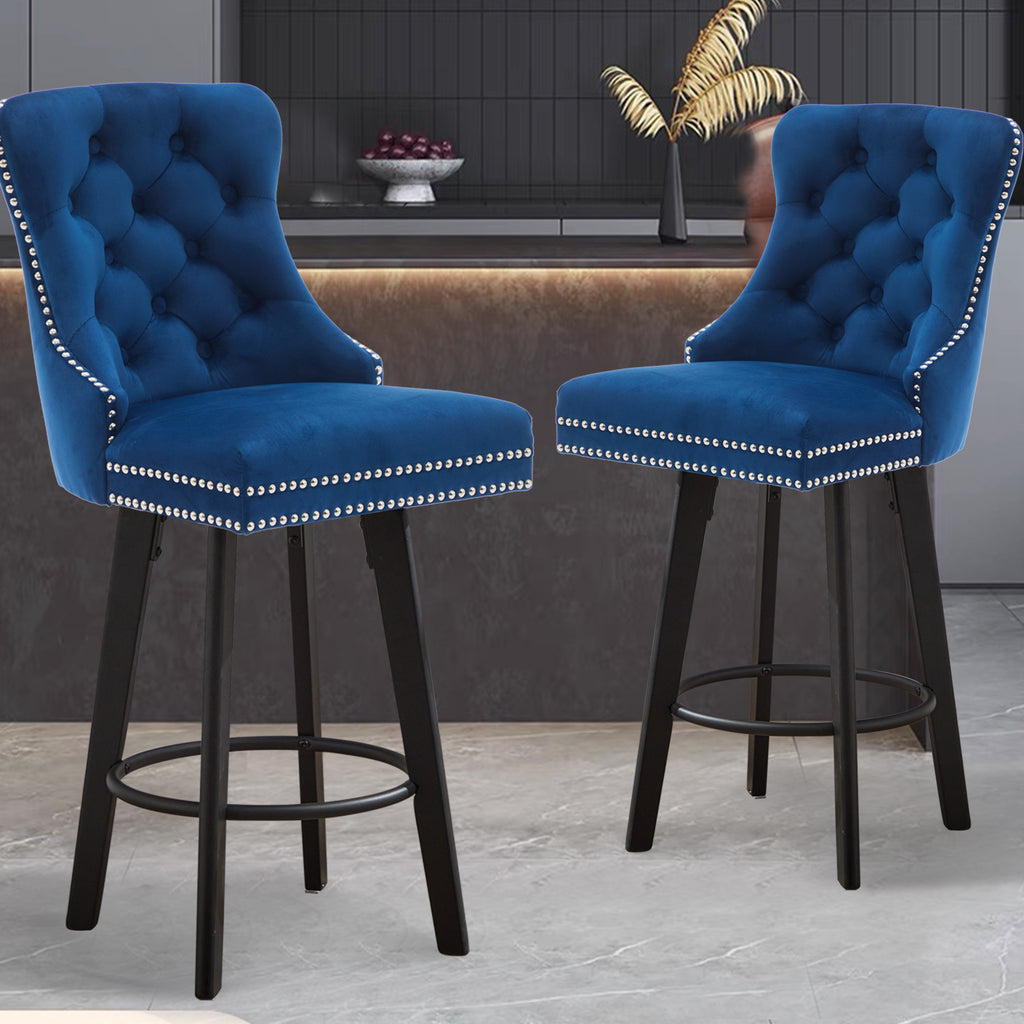 Modern  Swivel Bar Stools Velvet Barstools Button Tufted Bar Stools Rivet Trim Bar Stools for Kitchen Island,Bistro, with Metal Pull Ring Sturdy Footrest Large Backrest for Home Bar,Navy Blue 2PCS