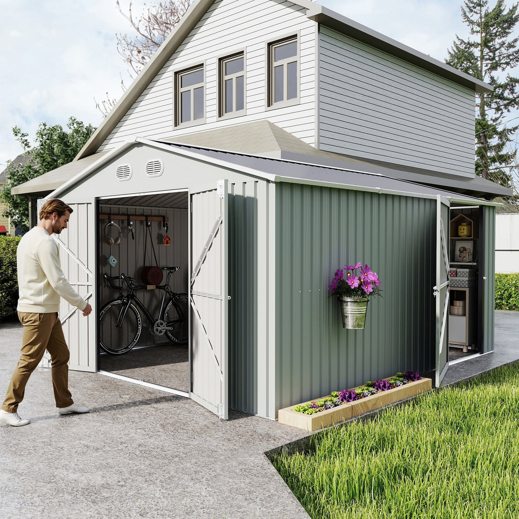 10x12 FT Outdoor Metal Storage Shed, Large Storage Sheds with Sturdy Frame Structure, Metal Garden Tool Shed with Lockable Door for Garden,Gift a foldable flower pot stand, Backyard, WHITE