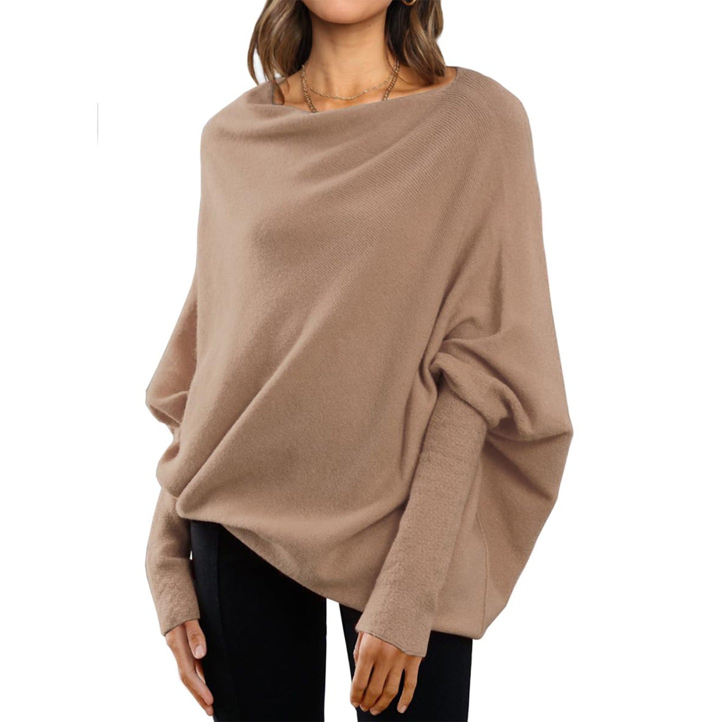 Loose Bat Sleeve Sweater Tops Simple Casual Fashion Versatile Solid Color Round Neck Sweater For Women