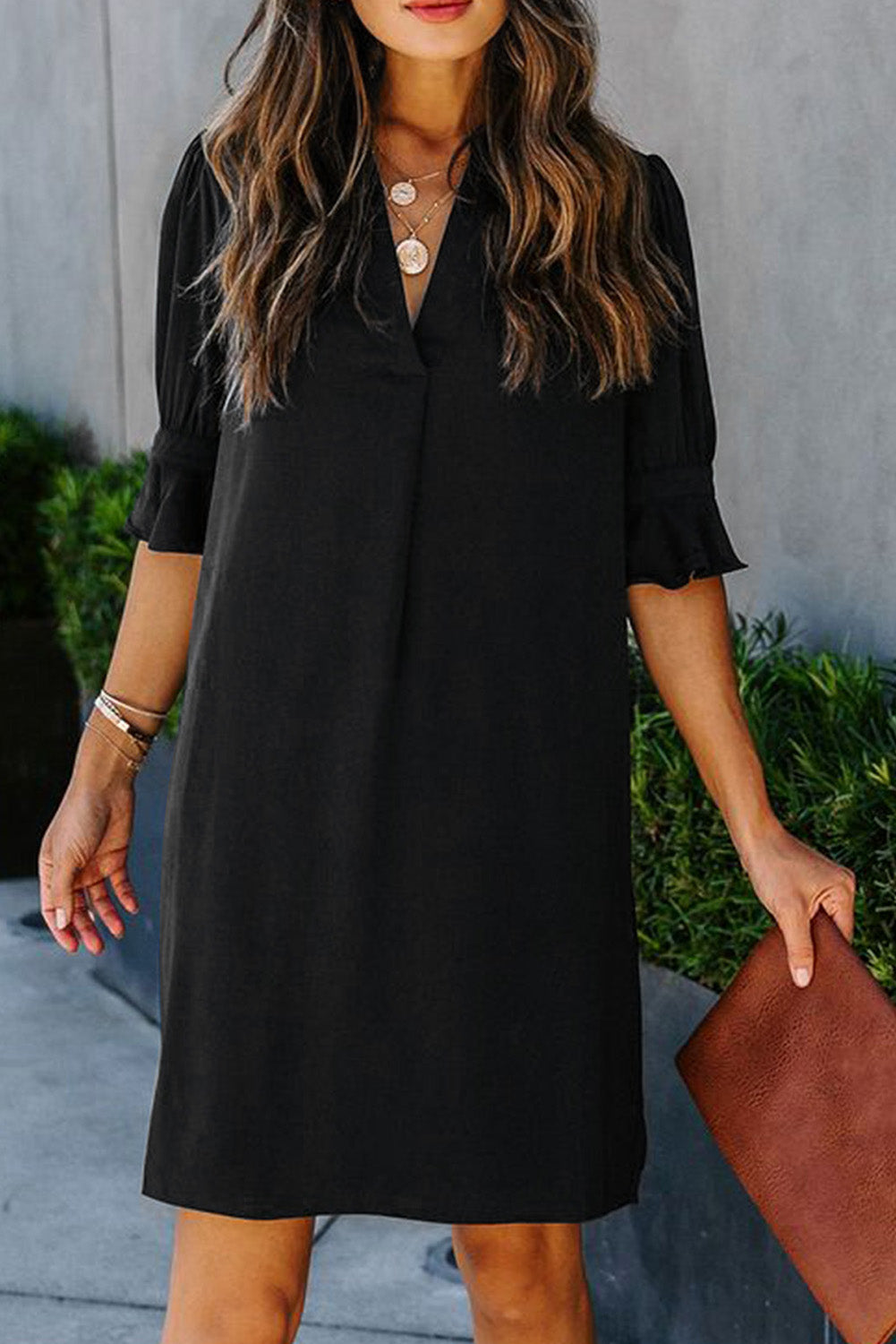 Black Split V Neck Short Sleeve Casual Tunic Dress - Eloy Royal