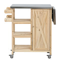 Foldable Outdoor Kitchen Island with Stainless Steel Top and Fir Wood Frame, Natural Finish, Portable Prep Station with Lockable Wheels and Storage Cabinet for Patio