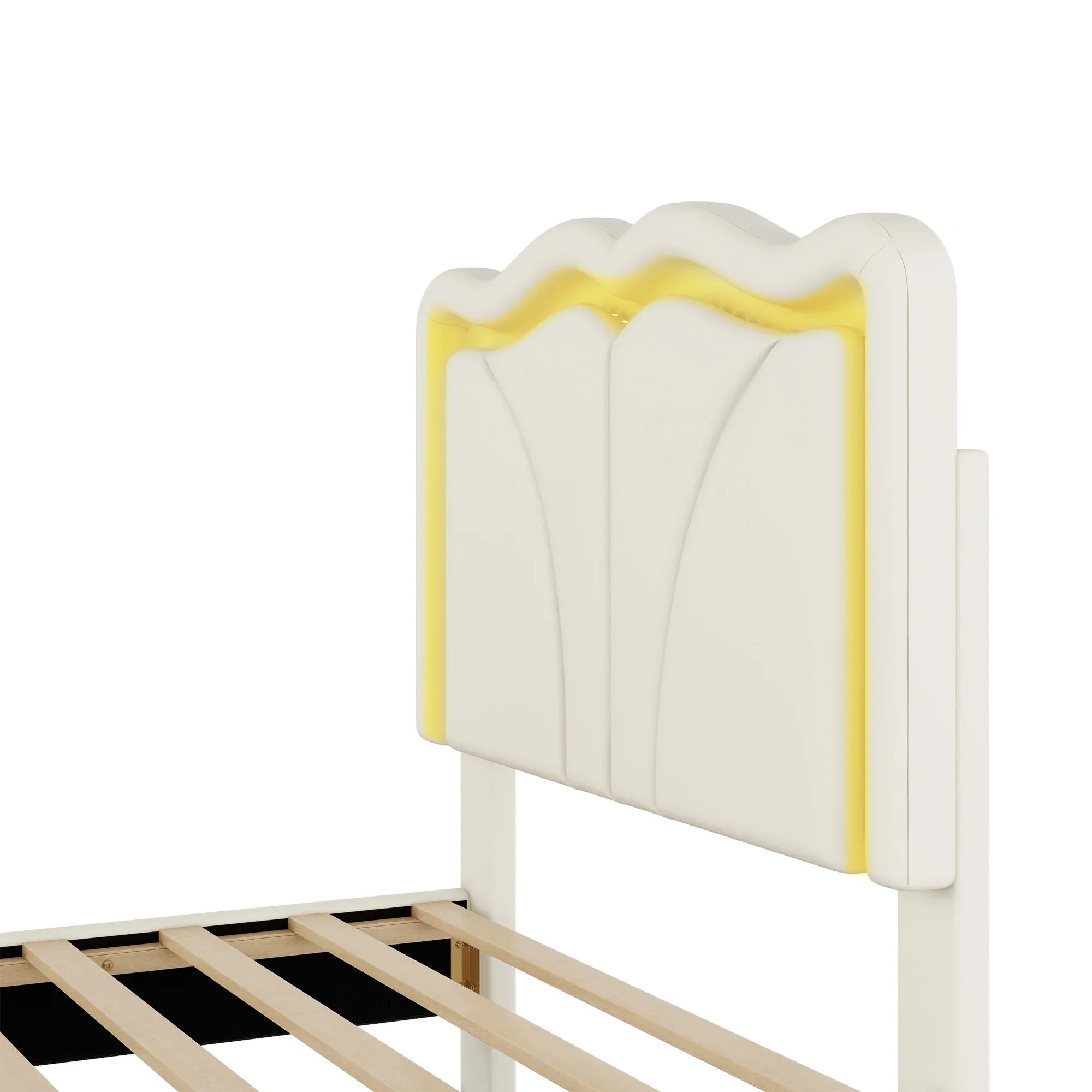 Twin Size Upholstered Platform Bed with Curved Adjustable Headboard and LED Lights, White, Pine Wood MDF PU - Eloy Royal