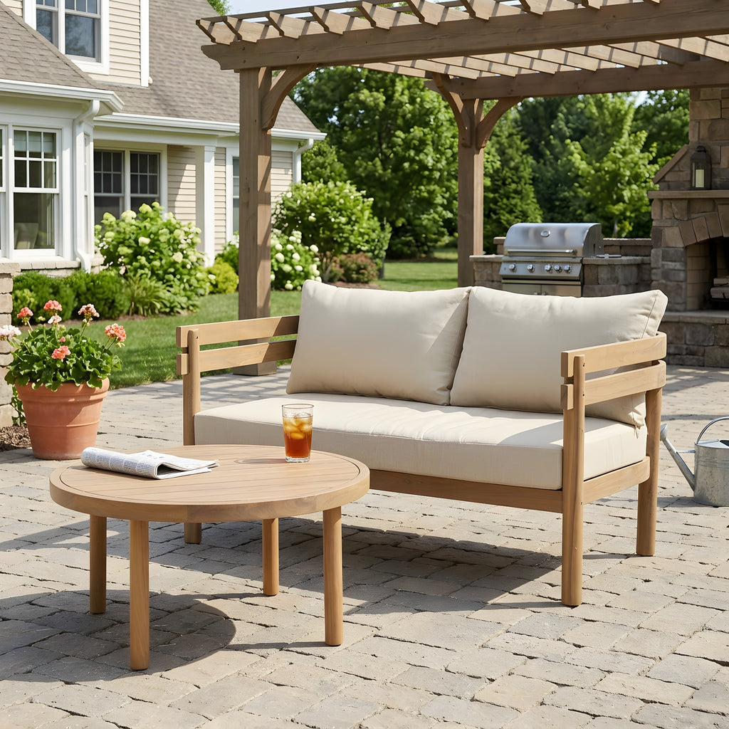 2-Piece Outdoor Acacia Wood Patio Loveseat Conversation Set, Light Brown Wooden Sofa with Beige Water-Repellent Cushions & Round Coffee Table, Weather-Resistant Patio Furniture for Backyard Porch Gard