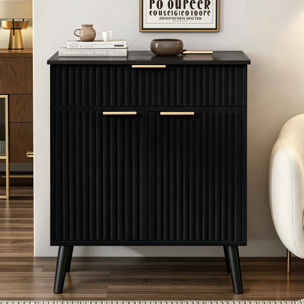 Kitchen Storage Cabinet, Adjustable Shelves , Storage with 1 Drawers and 2 Doors, Cabinet with Solid Wood Feet,Floor Sideboard Buffet for Living Room, Living Room, Kitchen, Entryway,(BLACK)