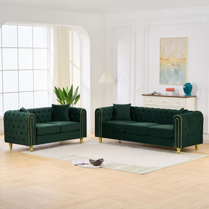 3 Seater +2 Seater Modern Loveseat Sofa,3+2 Seater Couch Comfy Velvet Sofa Button Tufted Rolled Arms and Gold Legs,Chesterfield for Primary Living Space,Green
