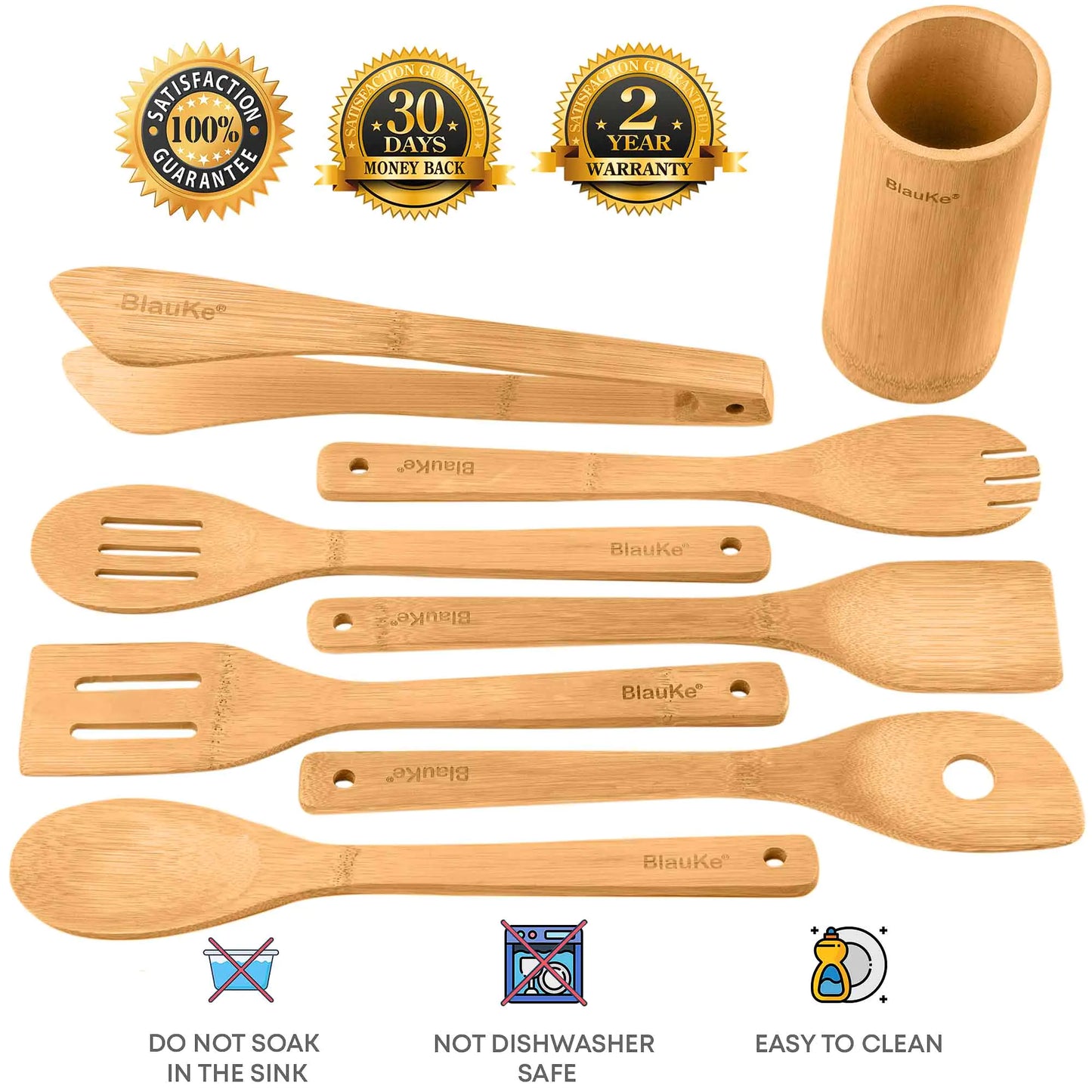 Bamboo Kitchen Utensils Set 8-Pack - Wooden Cooking Utensils for Nonstick Cookware - Wooden Cooking Spoons, Spatulas, Turner, Tongs, Utensil Holder - Eloy Royal