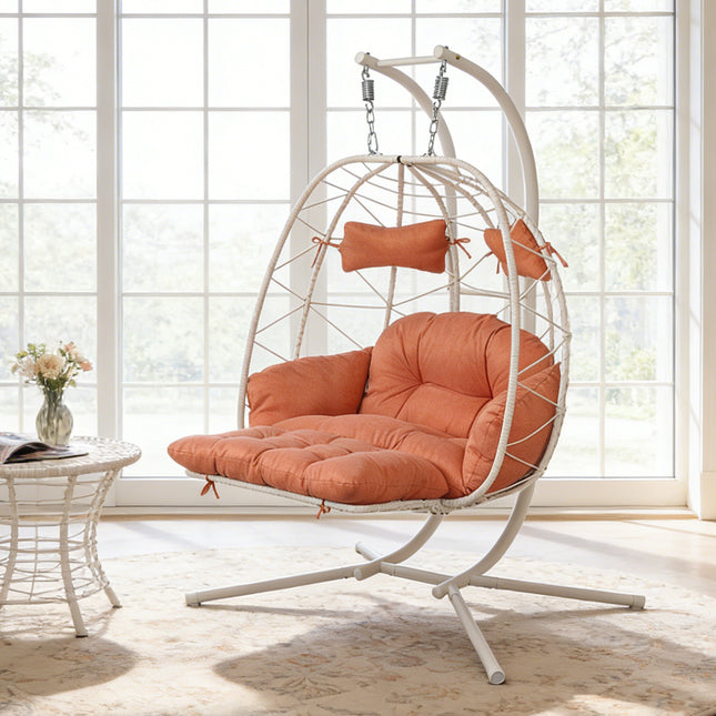 2 Person Hanging Egg Chair with Stand, Double Outdoor Wicker Swing Chair with Adjustable Footrest & Thickened Cushions for Patio Garden Balcony