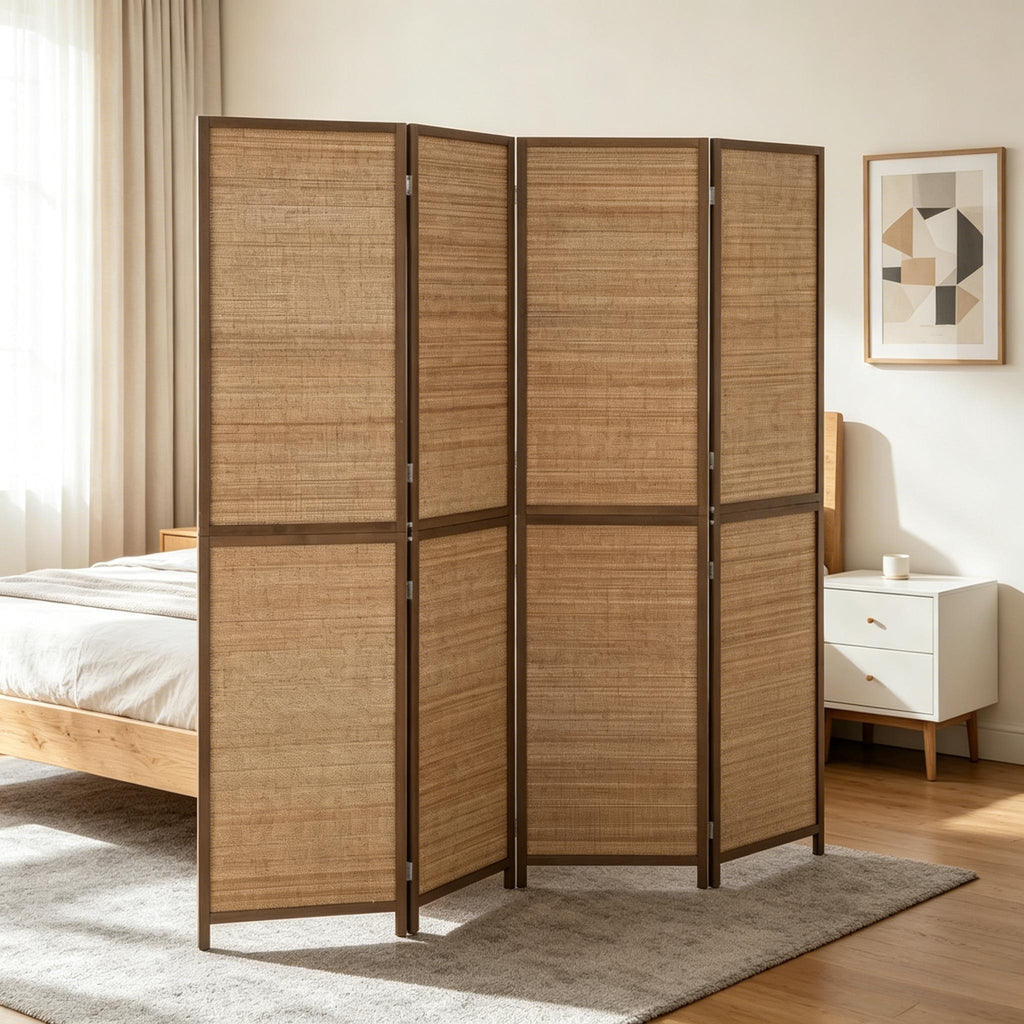 4 Panel 6FT Hand-Woven Bamboo Room Divider, Brown Folding Privacy Partition Screen