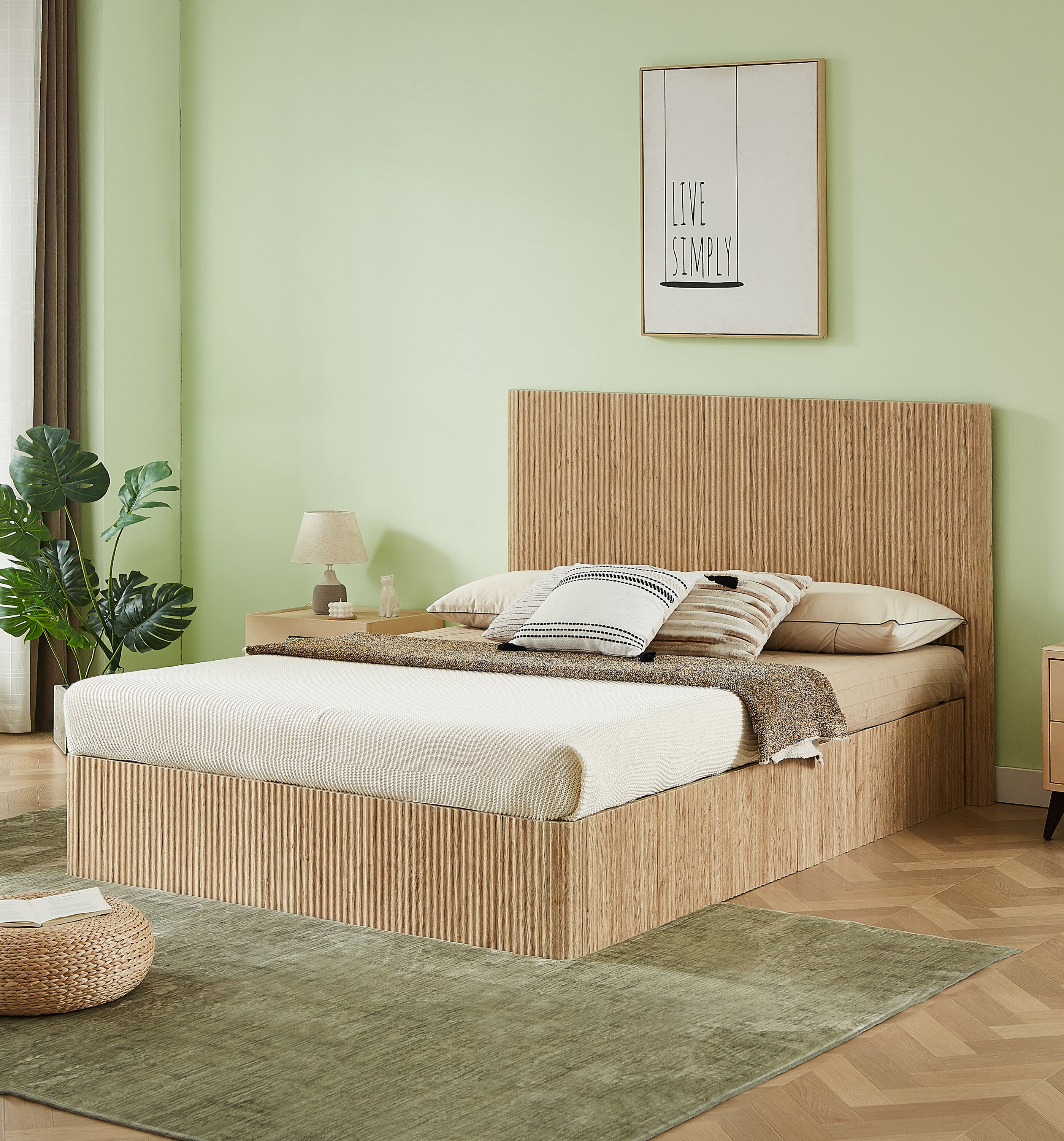 Queen Size Lift Up Storage Bed Frame, Wooden corrugated curved lines, Hydraulic Storage/No Box Spring Needed, Oak.