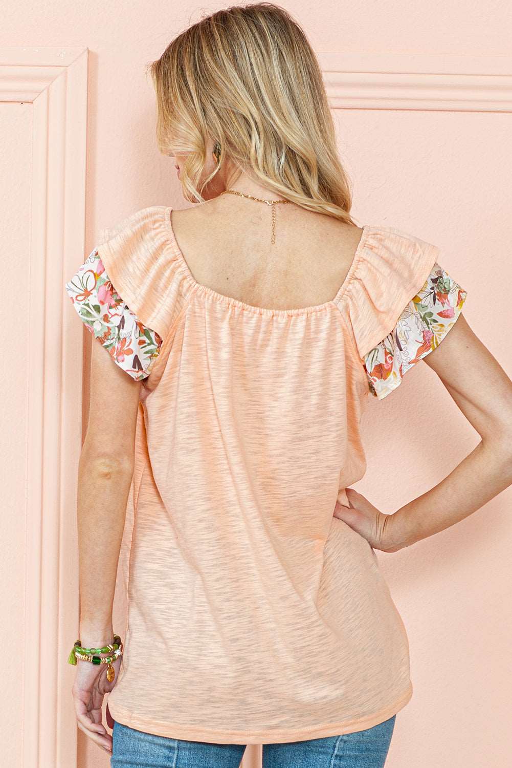 Apricot Pink Floral Print Square Neck Ruffle Sleeve Blouse