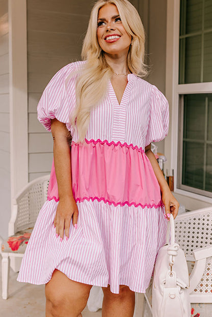 Pink Ric Rac Puff Short Sleeve Striped Flowy Plus Dress - Eloy Royal