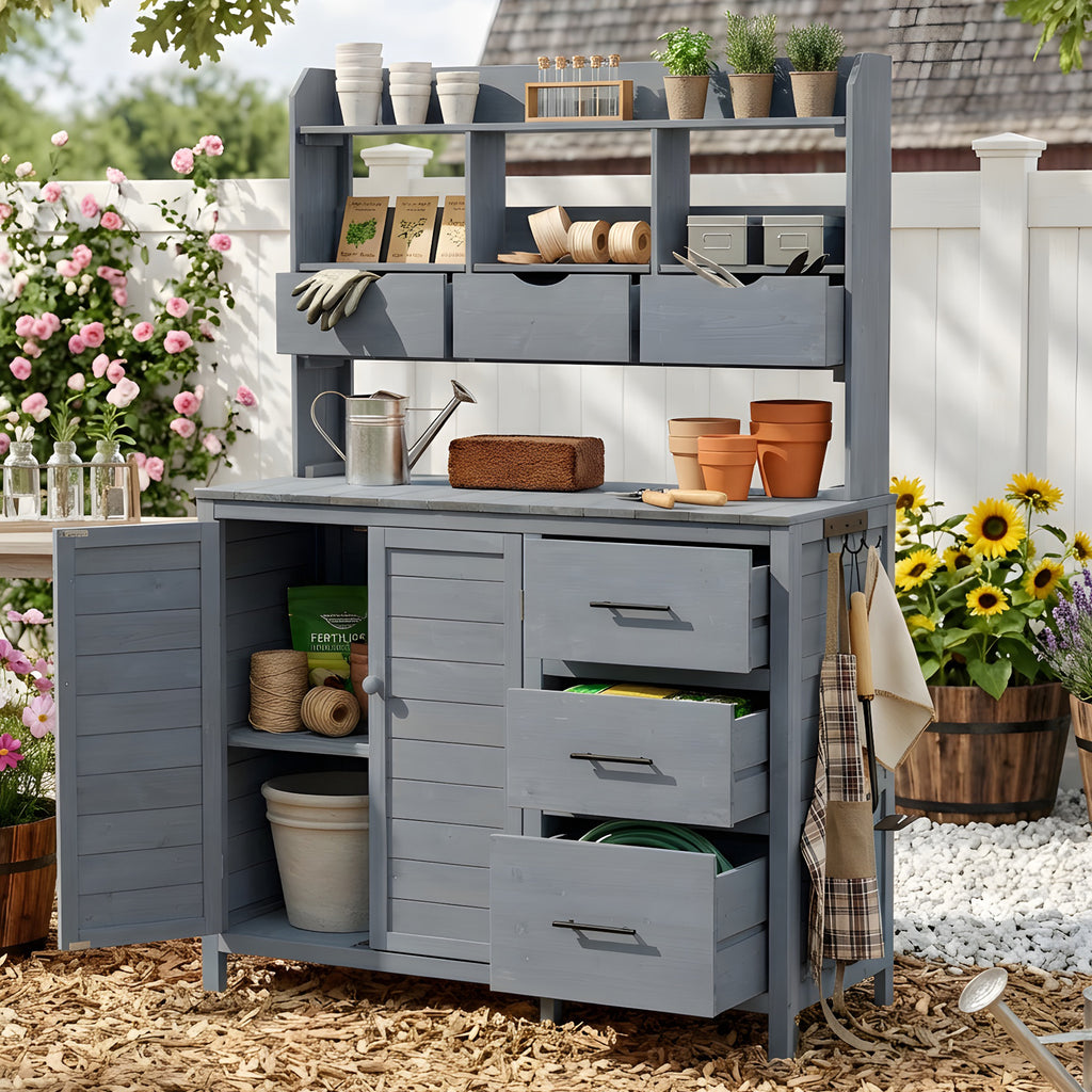 (With Assembly Video) TOPMAX Farmhouse Patio Potting Bench, 44.6''x19.5'' Large Freestanding Garden Workstation with 6 Drawers, Bottom Cabinet and Side Hook, Outdoor Kitchen Island, Gray
