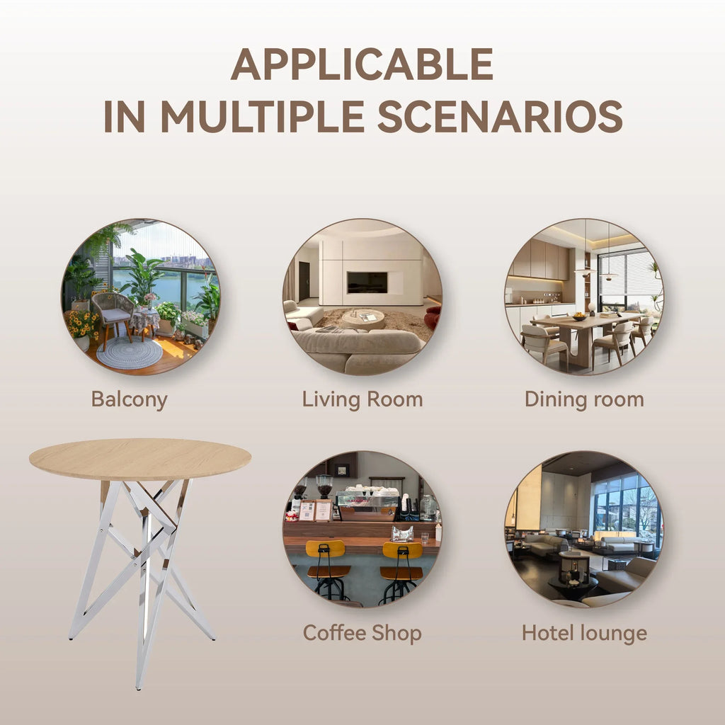 37Inch Round Dining Table, Small Round Kitchen Table With Silver Metal Legs, Suitable For 2 To 4 People, Modern Dining Room Table, Burlywood. - Eloy Royal