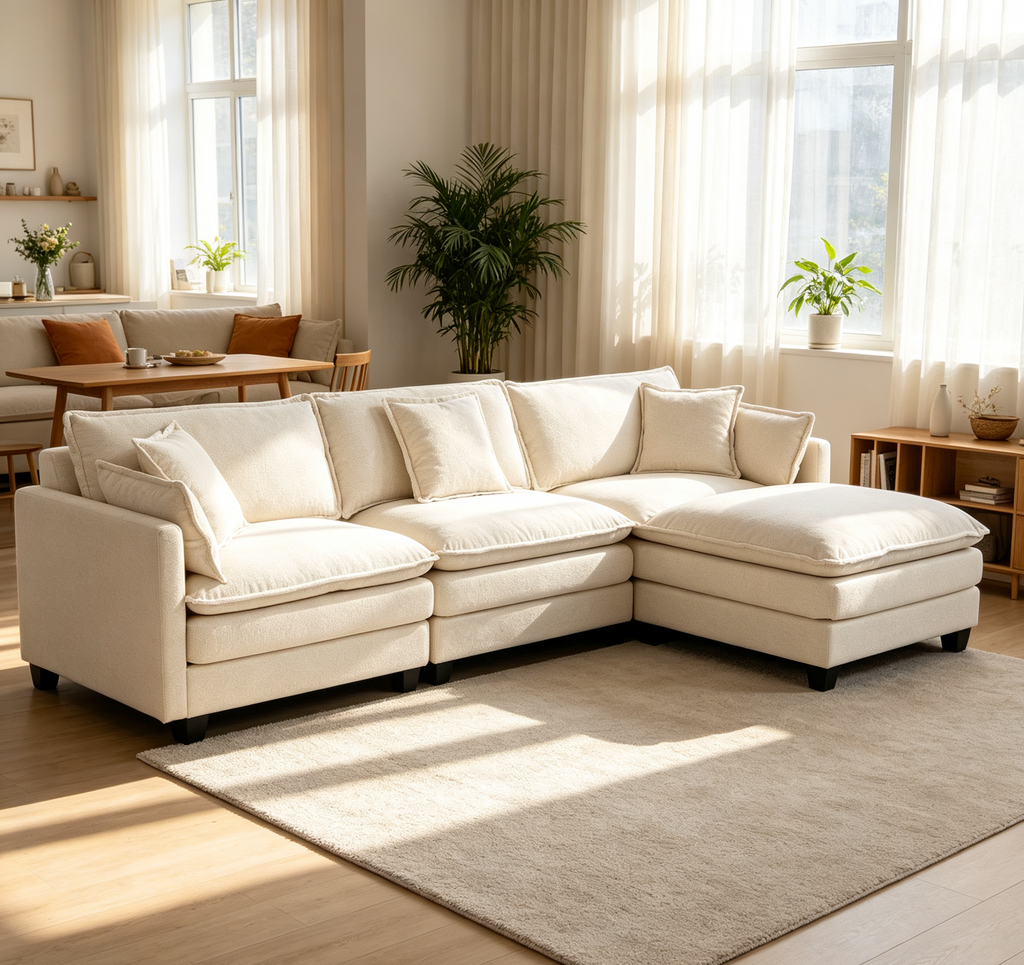 Modern 3seats with ottoman 113.77'Sectional Sofa with Waist Pillows,3-seat Upholstered Symmetrical Sofa Furniture,Sleeper Sofa Couch with Chaise Lounge for Living Room,Apartment,3 Color