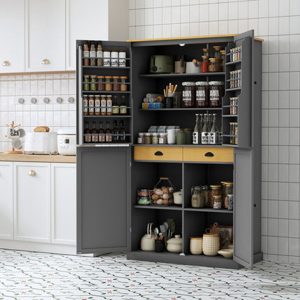 TOPMAX 40.2x20x71.3inch High Freestanding Kitchen Pantry Large Cupboard Storage Cabinet with 2 Drawers, 2 Adjustable Shelves, 8 Door Shelves for Kitchen, Dining Room,Gray