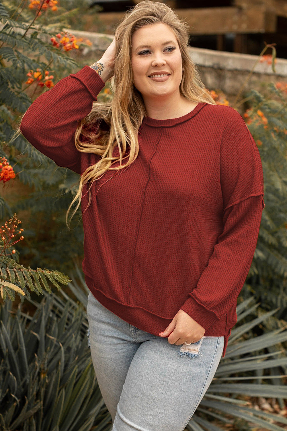 Gold Flame Exposed Seam Detail Waffle Knit Plus Size Top - Eloy Royal