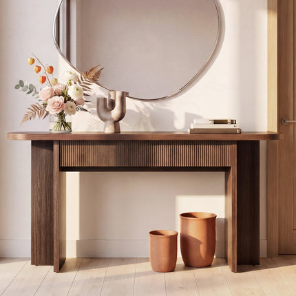 OMCHOM 63 Inch Console Table with 2 Drawers, Fluted Entryway Tables with Storage, Heavy Duty Sofa Table Behind The Couch, Mid Century Hallway Tables for Entryway, Hallway, Living Room