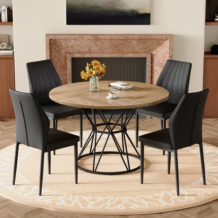 Table and Chair Set.A wood MDF table with a diameter of 47.3 inches,black hourglass shaped metal brackets. Paired with 4 Black PU Dining Chairs, 37 inches High, Ergonomic PU Backrest.