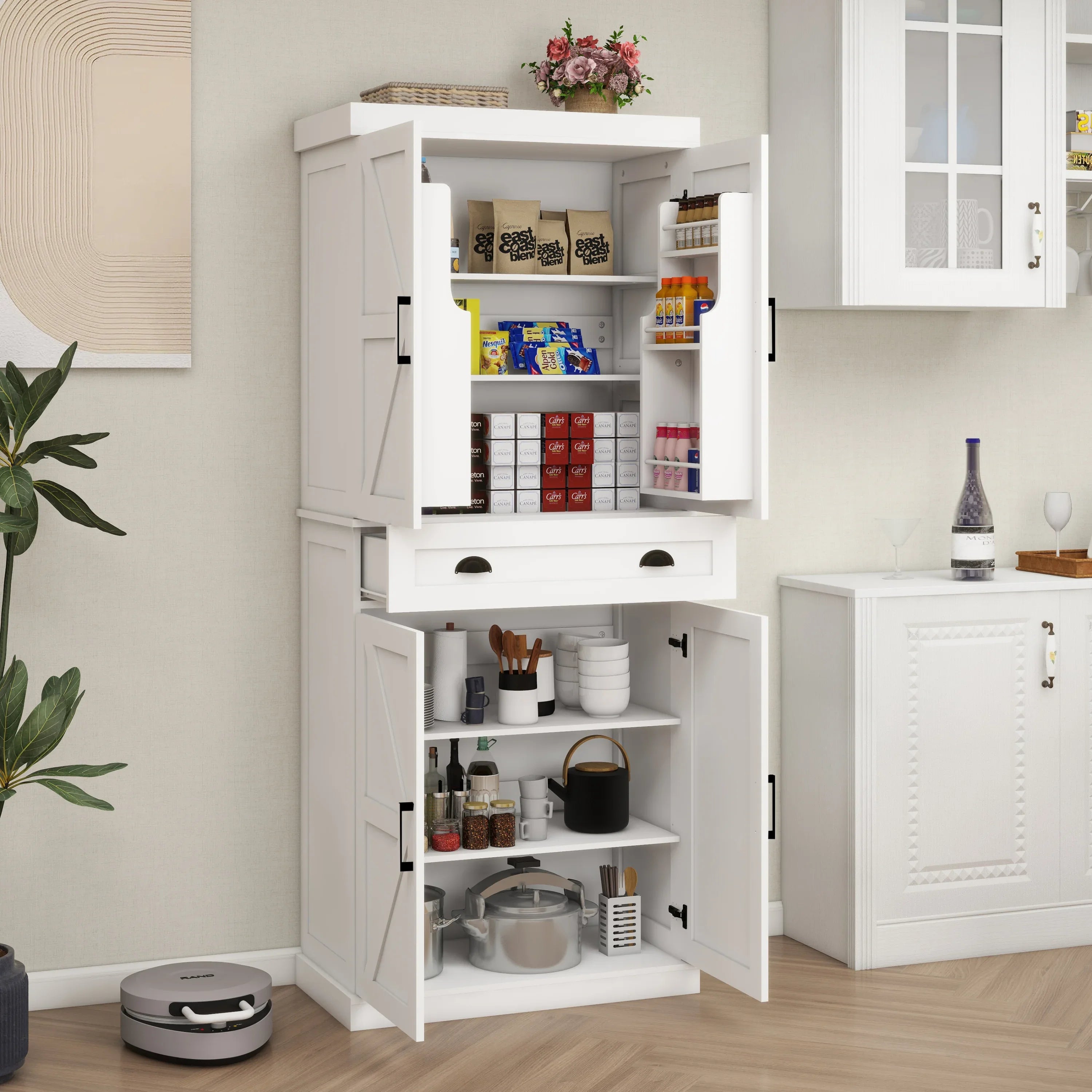 71' Kitchen Pantry Storage Cabinet with 4 Doors(2Doors with Racks),1 Drawer, 2 Adjustable Shelves, Freestanding Cupboard for Kitchen, Dining Room and Living Room-White - Eloy Royal