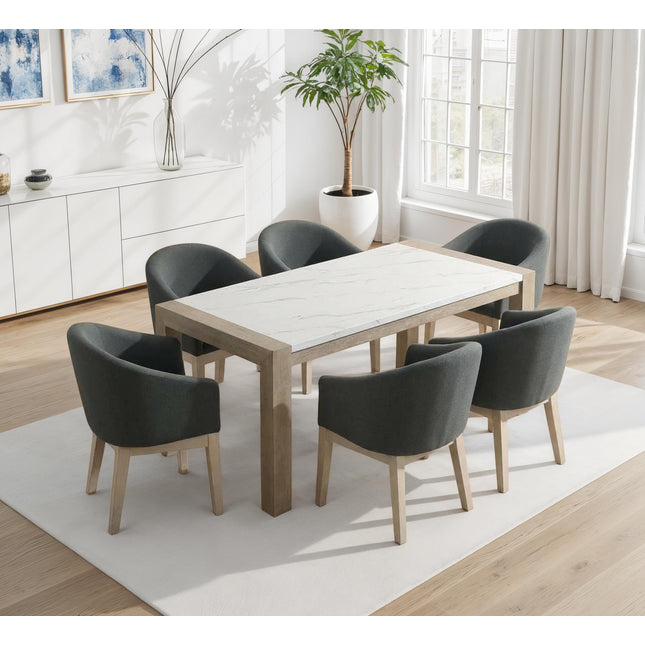 Tabitha 7-Piece Dining Set with 66' Rectangular White Faux Marble Top Table in Light Oak Finish & 6 Gray Upholstered Barrel Chairs