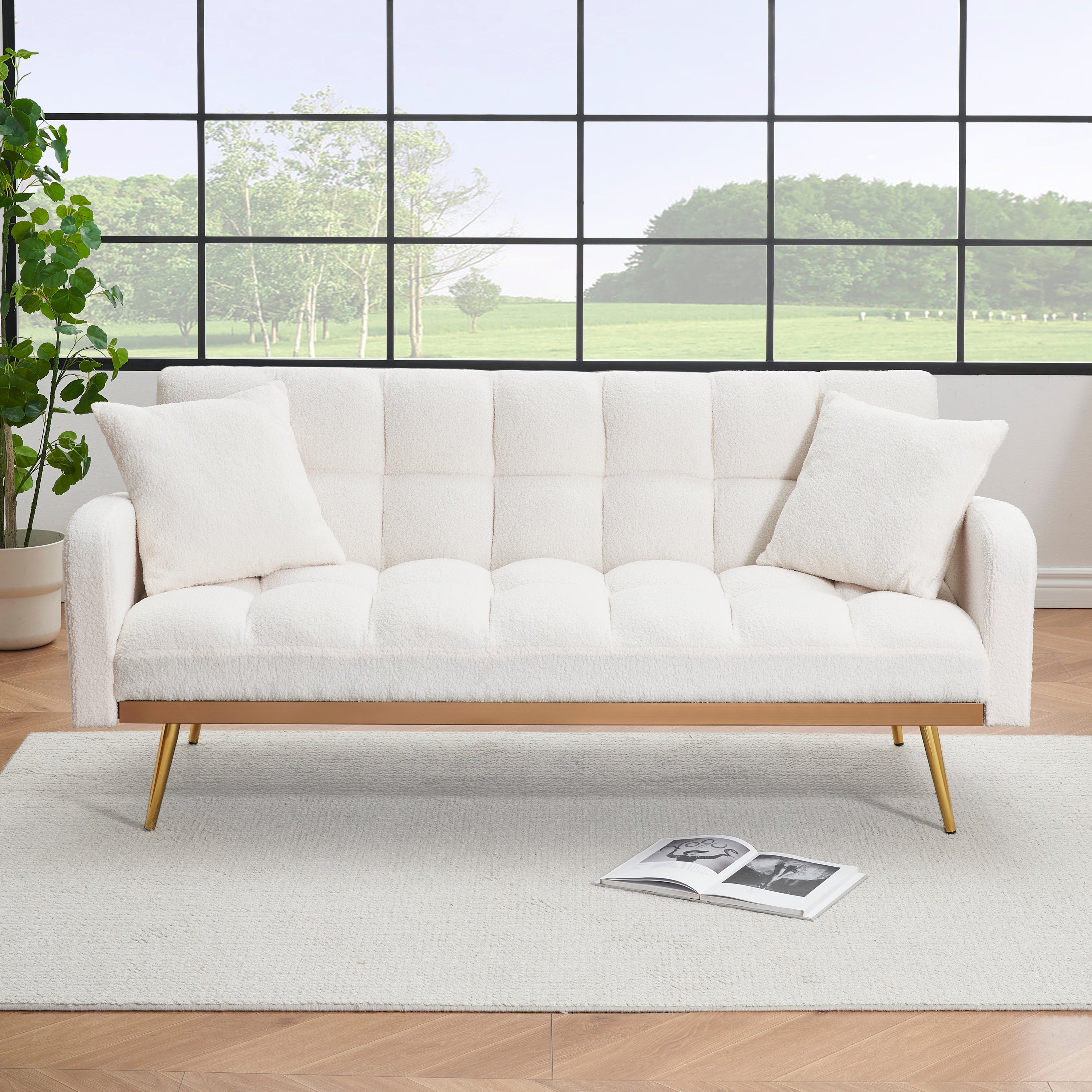69 Inch Sofa Bed Beige with Adjustable Teddy Sofa for Small Space Living Room and Bedroom