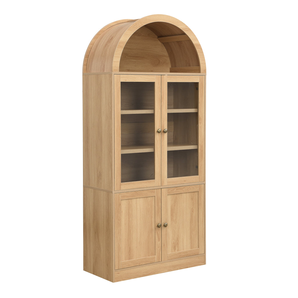 Tall Arched Top Storage Cabinet with Tempered Glass Doors, 5-Tier Shelves, Soft Close Hinges, Door Organizer, Freestanding Display & Storage Cabinet for Bathroom/Living Room/Dining/Study, Natural