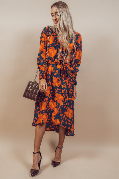 Orange Floral Print Wrap V Neck Belted Midi Dress - Eloy Royal