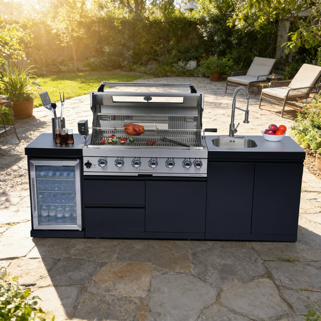 S00052 NG 96-Inch 6-Burner 85000 BTU Deluxe Stainless Steel Gas Outdoor Kitchen Bar Barbecue Island Grill Wine Cooler Compact Refrigerator Rotisserie Stainless Steel Countert Storage Cabinets Drawers
