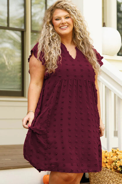 Burgundy Plus Size Swiss Dot Ruffled Sleeve V Neck Dress - Eloy Royal