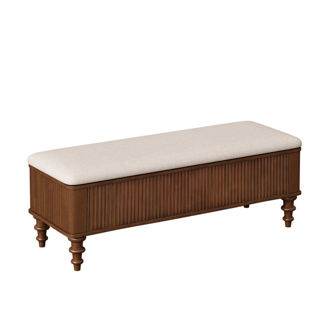Walnut Multi-Functional Storage Ottoman Bench with Linen Seat, Solid Rubberwood Bed End Bench for Bedroom, Entryway, Living Room, Closet