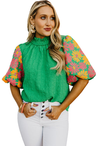 Bright Green Floral Print Puff Sleeve Button Back Fill Neck Blouse - Eloy Royal