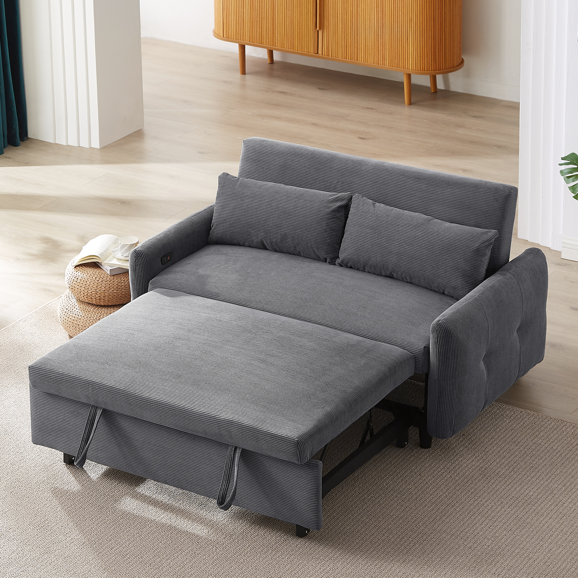 Modern Convertible Pull-out Sofa Bed with USB Ports, Dark Grey Corduroy, 57.48'
