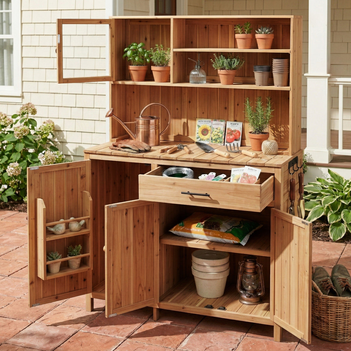 (With Assembly Video) TOPAMX Potting Bench with Hutch,65' H Solid Fir Wood Garden Workstation, Large Countertop, Patio Kitchen Island with Adjustable Shelves, Spice Rack, Side Hook and Drawer, Natural