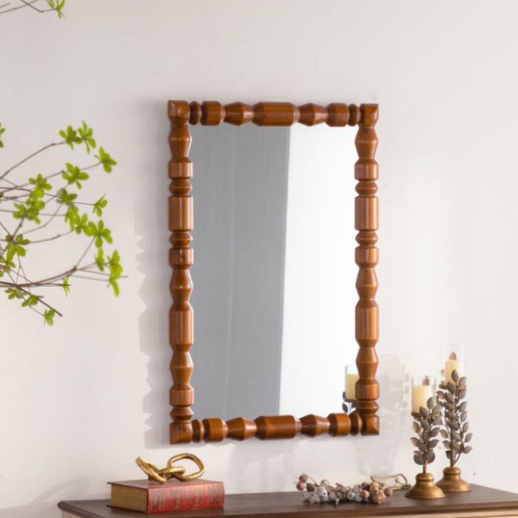 Vintage Wooden Carved Wall Mirror, Decorative Column Frame for Living Room/Entryway Retro Decor