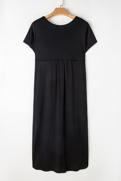 Black Solid Color Hidden Pocket V Neck Slit Maxi Dress - Eloy Royal