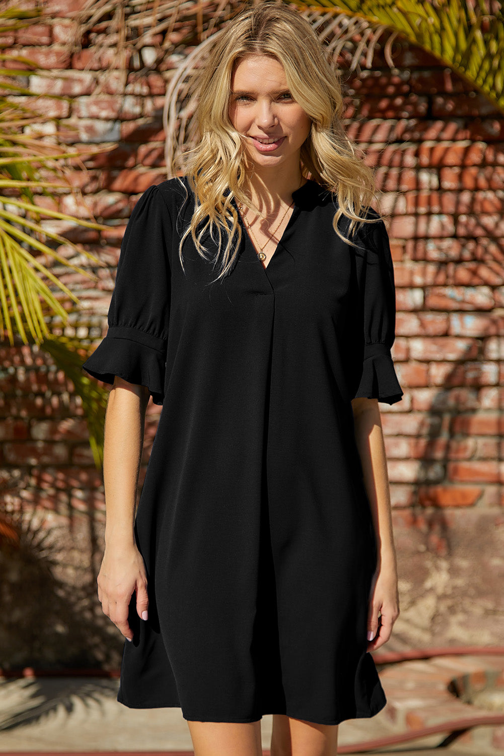 Black Split V Neck Short Sleeve Casual Tunic Dress - Eloy Royal