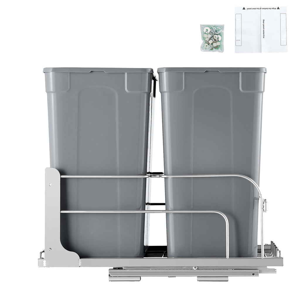 Pull-Out Trash Can, 35 QT x2 Double Under Mount Kitchen Waste Container, Heavy Duty Garbage Recycling Bin with Door Kit and Soft Close Slide, for Kitchen Cabinet, Sink, Under Counter (Grey)
