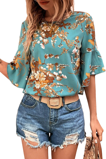 Mineral Blue Floral Print Round Neck Flounce Sleeve Blouse - Eloy Royal