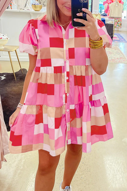 Pink Colorblock Plaid Puff Sleeve Tiered Mini Dress - Eloy Royal