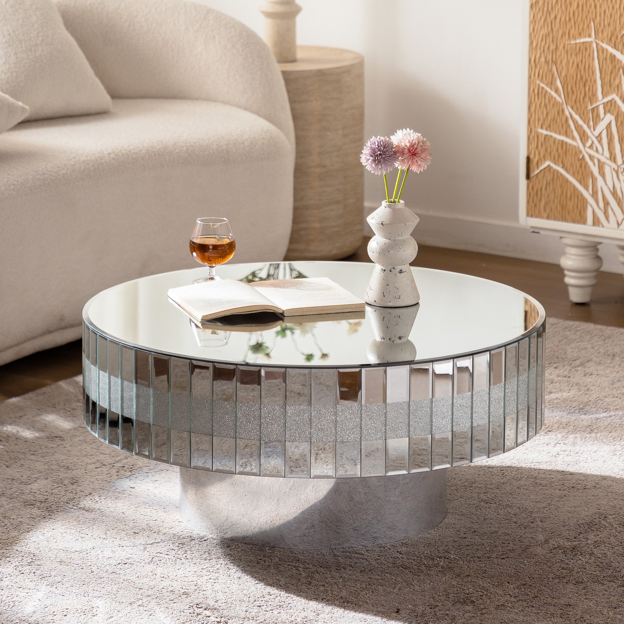 Round Mirrored Coffee Table 30.91 inches Large Decorative Bling Crushed Diamond Around with Silver Mirror Crystal Edge Frame Luxury Modern Home Decor for Livingroom