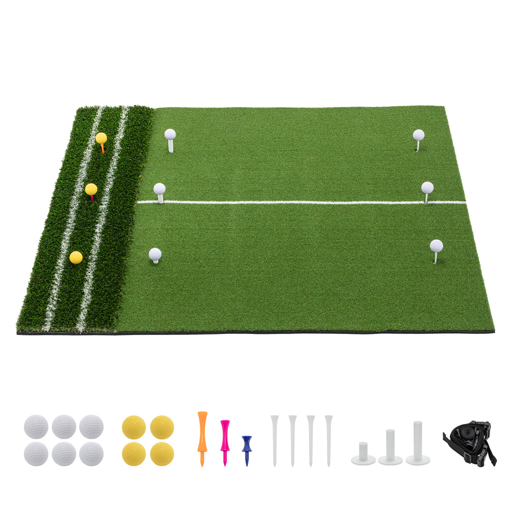 5'x4' Golf Hitting Mat with Guide Line, Indoor Outdoor Golf Practice Mat with 9 Tee Positions, Heavy Duty Swing Turf for Backyard Garage Training – Includes Balls, Tees & Strap