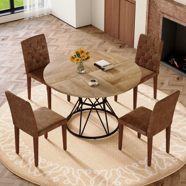 Table and chair set. A wood MDF table with a diameter of 47.3 inches,black hourglass shaped metal brackets.Paired with 4 Brown Suede Fabric Chairs:Features a decorative button-tufted backrest.